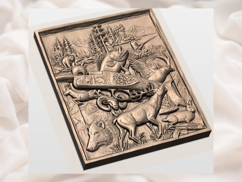 May include: A detailed relief carving in a rectangular frame, depicting a hunting scene. The artwork features various wildlife, including a bear, deer, fish, and birds, set against a backdrop of trees and mountains. The relief is in shades of brown.