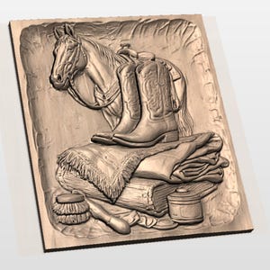 Western Horse & Cowboy Boots Relief STL view 2