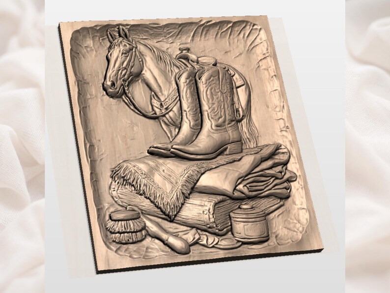 May include: A detailed relief carving depicting a horse's head, cowboy boots, saddle, and other western-themed items. The boots are prominently displayed atop a folded blanket. The carving is in shades of brown and tan.