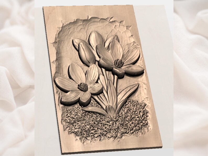 Purple Crocus Model | Floral Bas Relief | Garden Bloom Artwork | 3D Print File | Wood Grain Carving | Spring Plaque Decor | Botanical Gift image 3