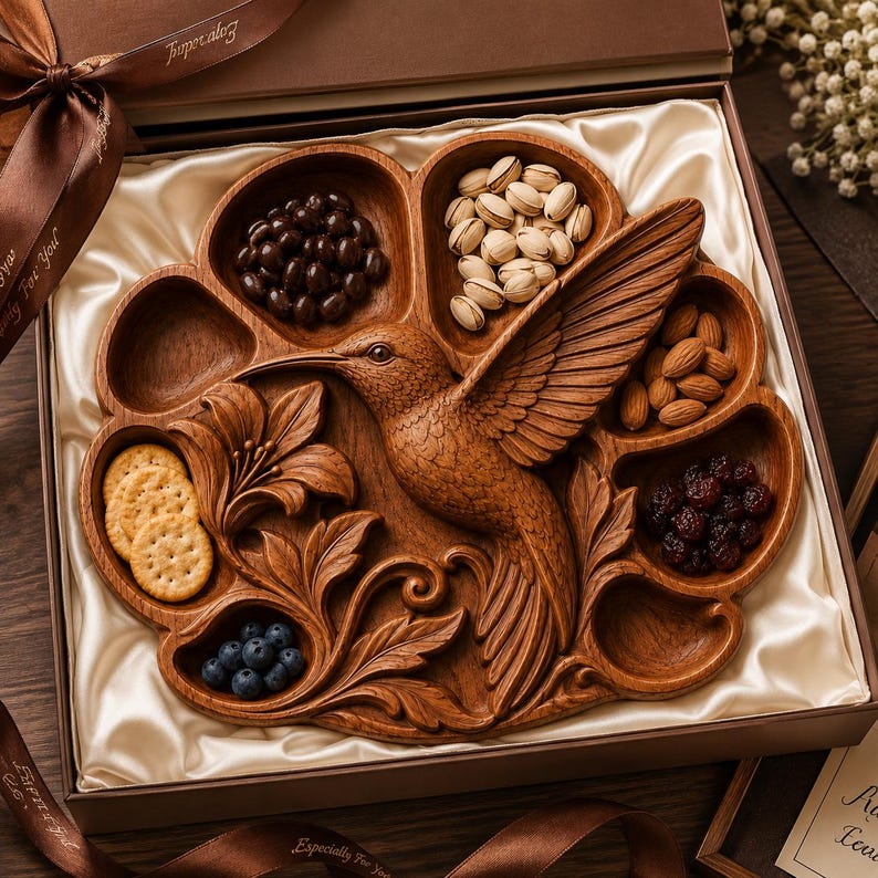 Serviertablett mit Kolibri-Motiv (STL-Datei für CNC-Fräse) | 3D-Reliefmodell aus Holz | Schnitzdesign für Serviertablett aus Holz | Küchendekoration Bild 6
