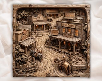 STL Western Town | Reliëf in Old West Street | Cowboymuurdecoratie | Kunstwerk in salonscène | Ontwerp houtsnijwerk | Rustieke plaquette-map| Woondecoraties