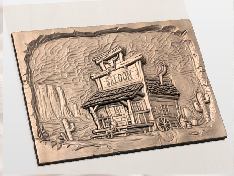 Old West Saloon STL | Sztuka płaskorzeźby w stylu westernu | Dekoracja ścienna „Desert Town” | Grafika w barze kowbojskim | Projekt rzeźby w drewnie | Plik z rustykalnymi tabliczkami zdjęcie 2