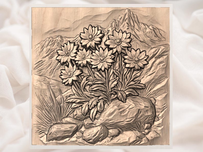 May include: A detailed wood carving depicts a floral arrangement of daisies, rocks, and foliage against a mountainous backdrop. The carving is in shades of brown and beige, with intricate details and textures.
