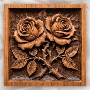 May include: A square wooden wall plaque featuring a detailed relief carving of two blooming roses with textured petals, thorny stems, and serrated leaves. The entire piece is crafted from brown wood with a carved, uneven background texture.