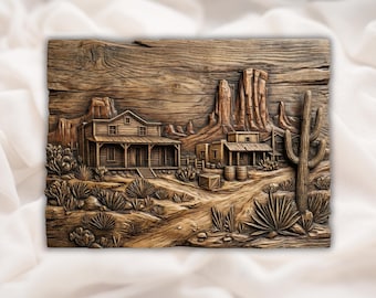 Vilda västern ökenstad 3D-relief STL | Cowboy Ranch-byggnader och kaktusscenpanel | CNC-fräs, 3D-utskrift, lasergravyr