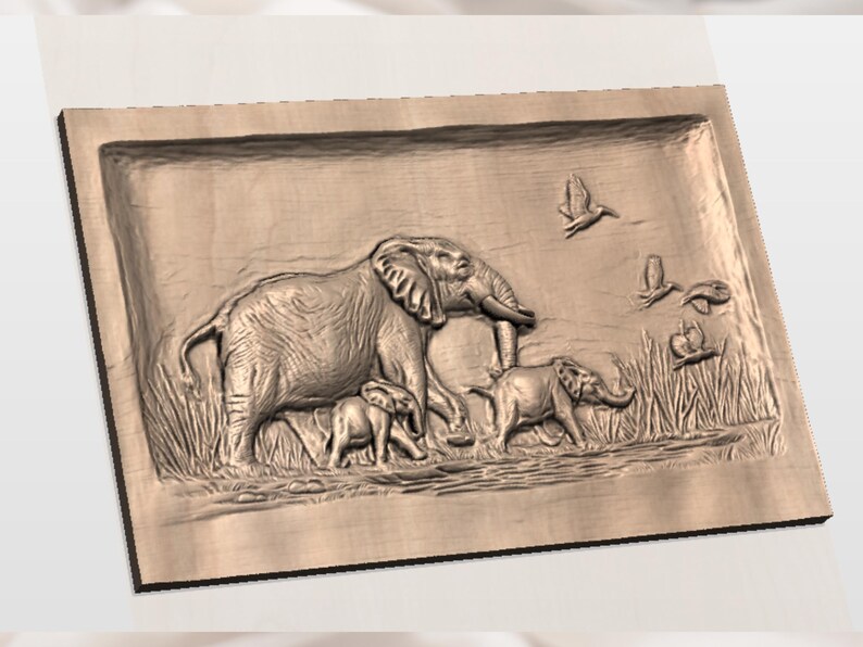 May include: A rectangular wooden relief carving depicting a family of elephants walking through tall grass. The carving includes an adult elephant, two smaller elephants, and several birds in flight. The relief is in shades of brown.
