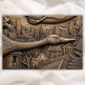 Giant Duck flyby city skyline  STL Relief view 1