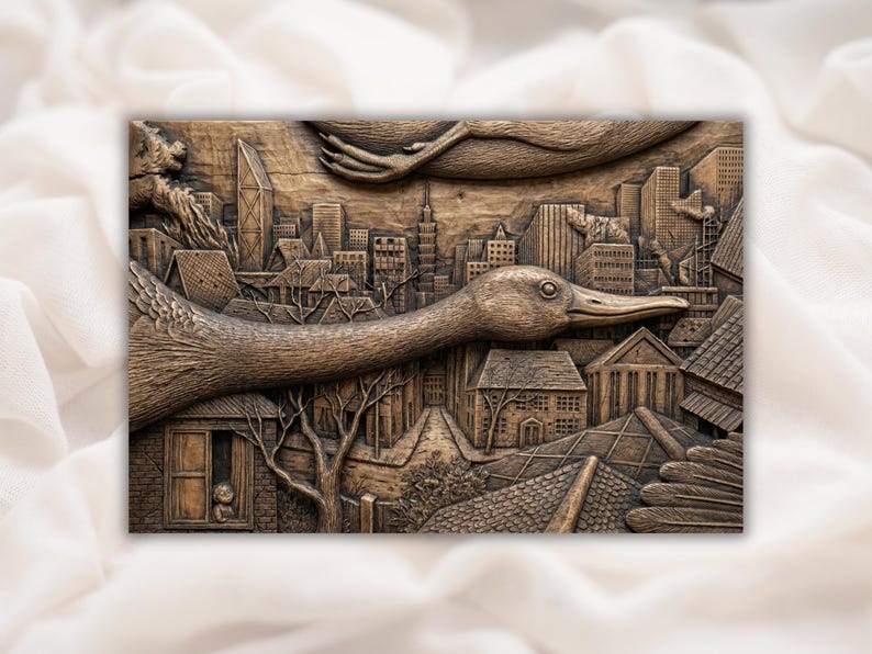 Giant Duck flyby city skyline  STL Relief