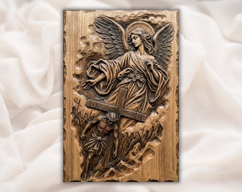 Ángel de la guarda en relieve STL/modelo de tallado 3D para enrutador CNC/panel de bajorrelieve con veta de madera de ángel con cruz/arte cristiano de pared para decoración de iglesias