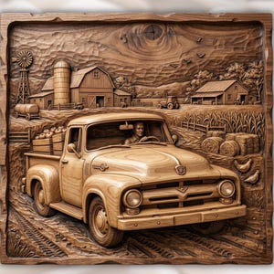 Vintage Truck 3D Relief STL view 1