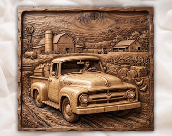 Vintage vrachtwagen 3D-reliëf STL | Boerderijscène CNC-router houtsnijbestand | Rustieke, landelijke bas-reliëf muurkunst| Woondecoraties