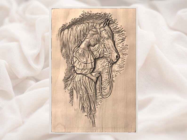 May include: Wooden relief carving depicting a woman embracing a horse. The artwork features a detailed relief of a woman in a dress, gently touching the horse's head. The horse has a bridle. The background has a textured, natural look.