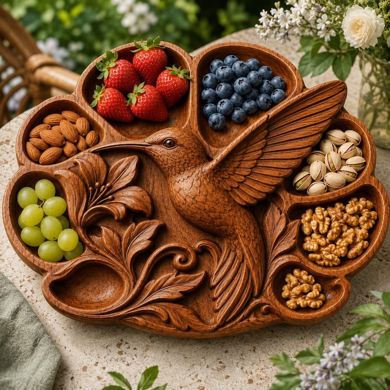 Serviertablett mit Kolibri-Motiv (STL-Datei für CNC-Fräse) | 3D-Reliefmodell aus Holz | Schnitzdesign für Serviertablett aus Holz | Küchendekoration Bild 5
