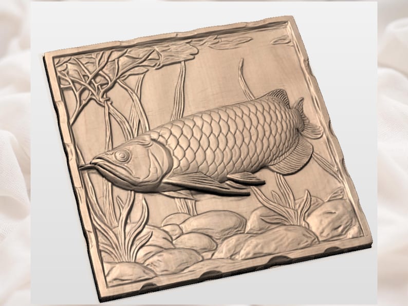 May include: A detailed, brown relief carving of an arowana fish swimming among aquatic plants and rocks. The fish is the focal point, with textured scales and fins. The carving is set within a rectangular frame.