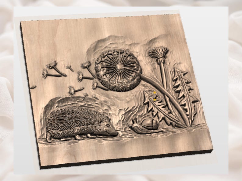 May include: Wooden relief carving featuring a hedgehog, dandelion, and snail. The dandelion is in full bloom with seeds blowing in the wind. The carving is in a natural wood tone, with detailed textures and shadows.