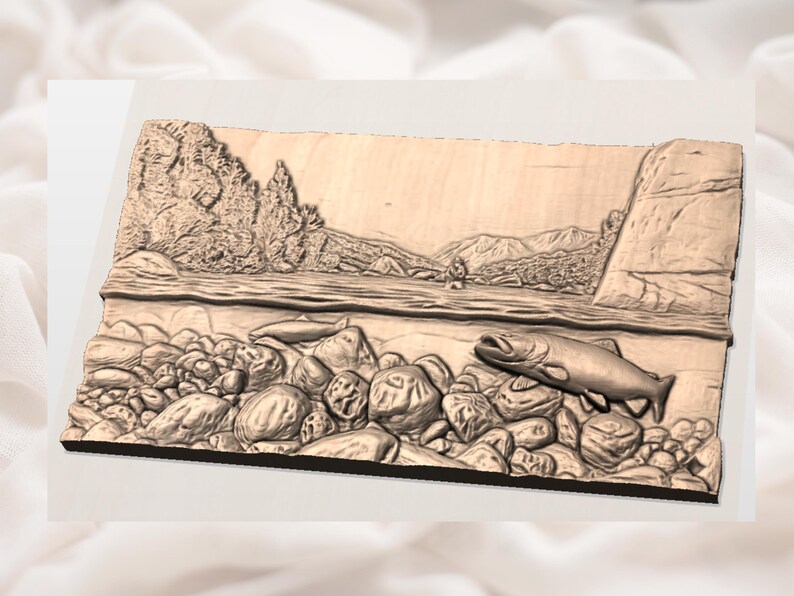 May include: A wooden relief carving depicting a river scene with a fisherman, mountains, and trees. The foreground features a detailed depiction of rocks and fish. The artwork is in shades of brown and tan.