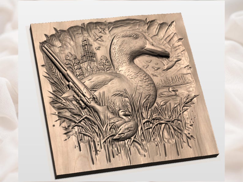 May include: A detailed wooden carving of a duck scene. The artwork features a duck, a rifle, and a building in the background. The carving is set in a natural environment with tall grass and other ducks in the distance.