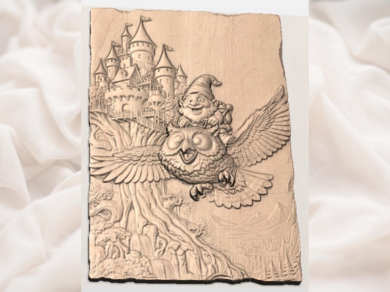 May include: A carved wooden plaque depicting a gnome riding an owl in flight. The gnome is smiling, and the owl has its wings spread. A castle is in the background, with trees and a waterfall below. The plaque is a light brown color.