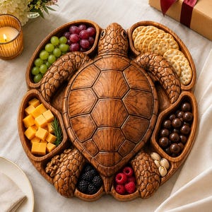 May include: A wooden serving tray shaped like a sea turtle with a central shell section and multiple compartments. The tray is filled with green grapes, red grapes, round crackers, cubed cheese, chocolate spheres, walnuts, blackberries, raspberries, and pistachios.