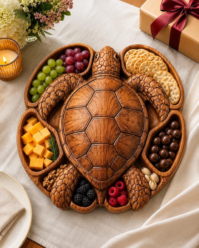 May include: A wooden serving tray shaped like a sea turtle with a central shell section and multiple compartments. The tray is filled with green grapes, red grapes, round crackers, cubed cheese, chocolate spheres, walnuts, blackberries, raspberries, and pistachios.