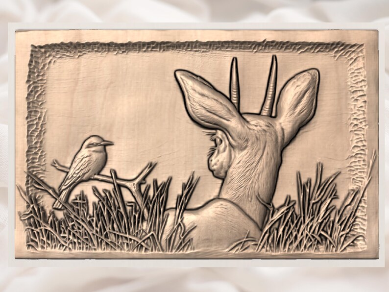 May include: A wooden relief carving featuring a deer and a bird. The deer is lying down in tall grass, with the bird perched on a branch. The carving is framed with a textured border, showcasing a naturalistic scene.