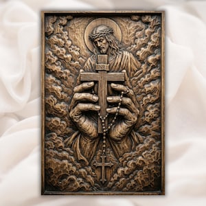 Jesus Holding Cross 3D Relief STL view 1