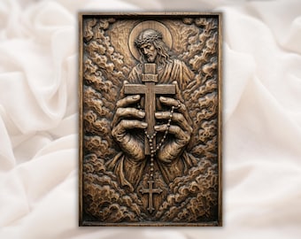 Jesús sosteniendo una cruz, relieve 3D STL/Archivo de tallado de madera para enrutador CNC/Panel de arte religioso de pared con crucifijo y rosario INRI/Decoración cristiana