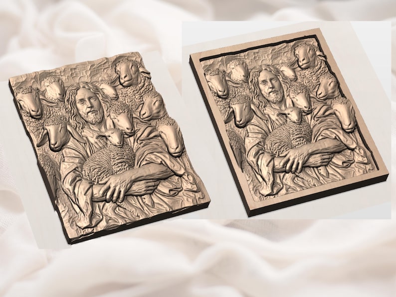 May include: Two wooden relief carvings depicting a religious scene. One shows a figure with long hair and a beard holding a lamb, surrounded by sheep. The other is a framed version of the same image.