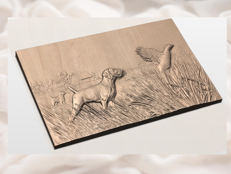 May include: A wooden relief carving depicting a hunting scene. The artwork features a dog, a smaller dog, and a bird in flight, set against a backdrop of tall grass and a rural landscape. The carving is in shades of brown.