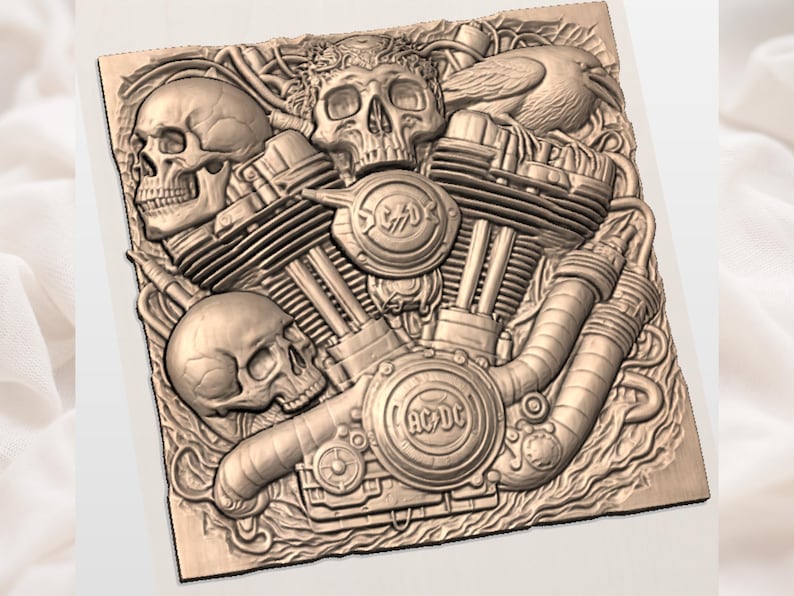 Steampunk Skull Engine STL | Biker V Twin Relief | gifts for car lovers | Gothic Mechanical Wall Plaque | Raven Art image 2