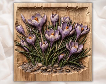 Crocus Flowers Relief STL | CNC Router 3D Carving Model | Spring Floral Wood Grain Bas Relief Panel | Garden Wall Art Decor