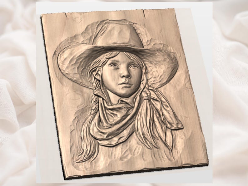 May include: A wooden relief carving of a young person wearing a cowboy hat and a scarf. The carving is detailed, showing the person's face, hair, and clothing. The wood has a natural, light brown color.