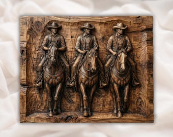 Cowboys on Horseback STL Relief | Western Rider 3D Carving File for CNC Router | Rustic Ranch Wall Art Panel | Hand Carved Wood | Home decor