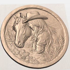 Western Cowgirl with Horse 3D Relief STL view 2