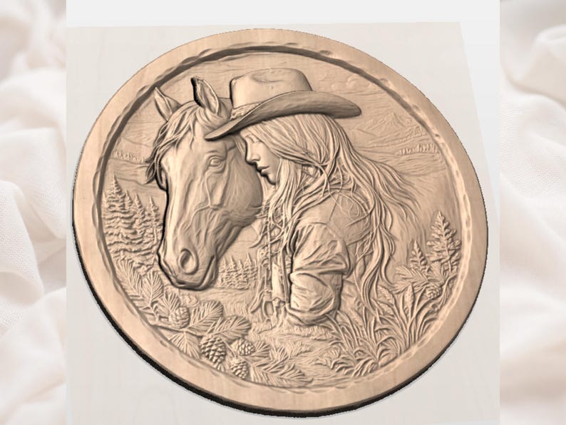 May include: A circular wooden relief carving showing a woman in a cowboy hat with a horse. The woman is leaning against the horse, with a forest and mountain scene in the background. The carving is in shades of brown.
