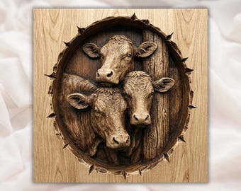Relieve 3D de familia de vacas STL / Puerta de granero de ganado de granja, tallado de veta de madera / Router CNC, impresión 3D, grabado láser / Decoración del hogar