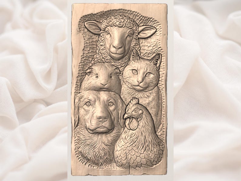 May include: A wooden carving of a sheep, guinea pig, cat, dog, and chicken. The animals are stacked vertically, with the sheep at the top and the chicken at the bottom. The carving is detailed, showing fur and feathers.