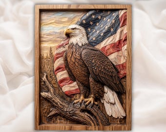 愛国的な鷲のレリーフ（STLファイル）｜アメリカ国旗の壁飾り｜自由の女神USAの装飾｜素朴な木目調の彫刻作品｜アメリカントリビュートパネル