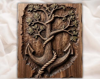 Tree of Life Anchor STL | Nautical Anchor Wood Carving Relief | Coastal Rope Anchor CNC Design | Maritime Wall Plaque | Beach House Decor