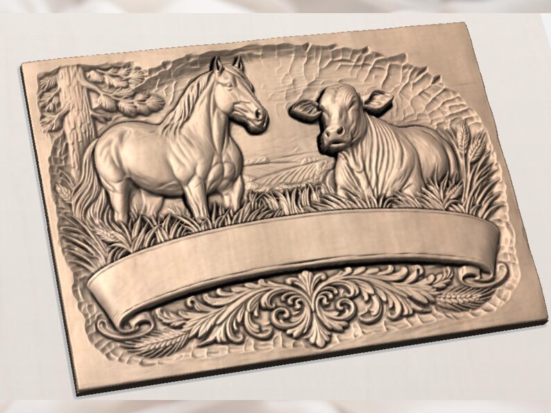 May include: A detailed relief carving in a rectangular shape, featuring a horse and a cow facing each other. The animals are set in a rural landscape with wheat and a banner for text. The carving is in a light brown color.
