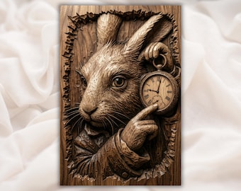 White Rabbit with Pocket Watch 3D Relief STL | Alice Inspired CNC Router Wood Carving File | Fantasy Bas-Relief Wall Art | Home Decor