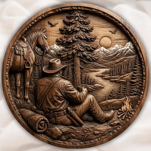 Western Cowboy and Horse 3D Relief STL view 1