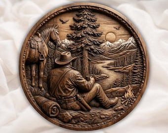 Western Cowboy and Horse 3D Relief STL | Round Campfire Mountain CNC Router Wood Carving Panel | Rustic Wall Art | 3D Print STL File