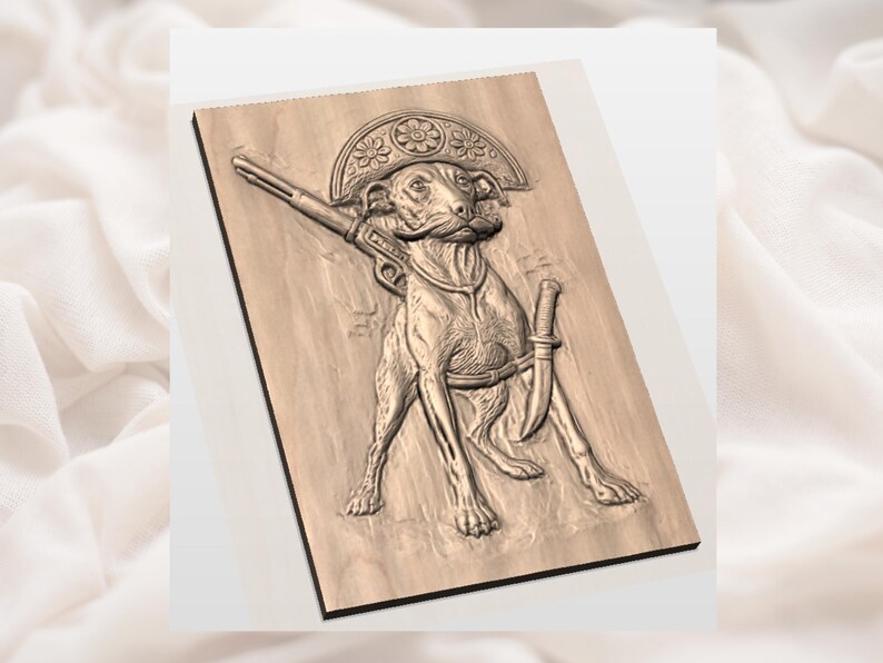 May include: A wooden relief carving of a dog wearing a hat, holding a gun, and with a knife at its side. The dog is carved in detail, with a hat featuring floral designs. The gun is held across the dog's chest, and the knife is sheathed.
