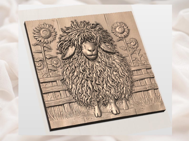 May include: A wooden relief carving of a sheep with curly wool, standing in front of a wooden fence and sunflowers. The carving is in shades of brown and beige, with detailed textures. The sheep is the central focus.