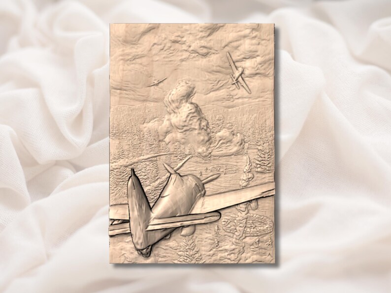 May include: A wooden relief carving depicting a vintage airplane in flight, with other aircraft and clouds in the background. The artwork is in shades of brown and beige, with detailed textures and a sense of depth.
