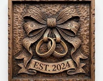 Wedding Rings Bow Scroll CNC Relief STL | Anniversary Marriage Wall Art | Ornate Wood Carving Design