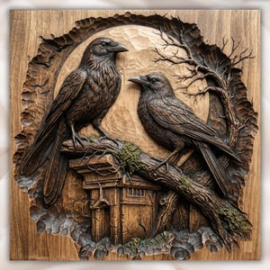 Raven Pair 3D STL Relief Panel view 1