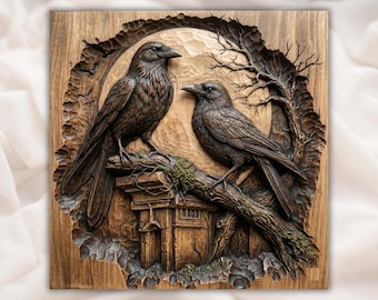 Raven Pair 3D STL Relief Panel | Sculpted Wood Grain CNC Router File | Gothic Crow Bas Relief Wall Art for 3D Printing  | Dark Nature Decor